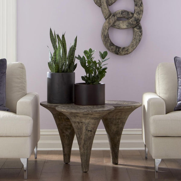 Phillips Collection Marley Sculptural Chamcha Wood Coffee Table with Organic Scalloped Top Gray Stone TH93107