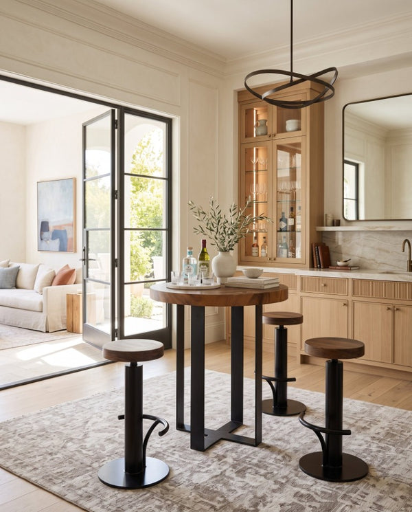 Phillips Collection Black Iron Swivel Barstool with Solid Chamcha Wood Seat for Kitchen Island or Home Bar TH94610