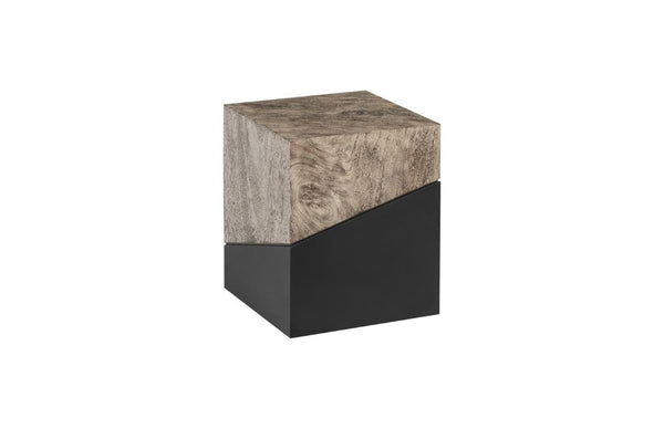 Phillips Collection Geometry Solid Wood Accent Stool with Faceted Form and Black Lacquer Natural Grain Finish TH97553