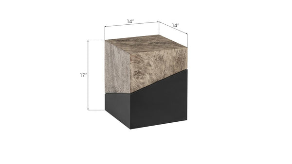 Phillips Collection Geometry Solid Wood Accent Stool with Faceted Form and Black Lacquer Natural Grain Finish TH97553