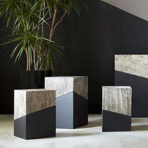 Phillips Collection Geometry Solid Wood Accent Stool with Faceted Form and Black Lacquer Natural Grain Finish TH97553
