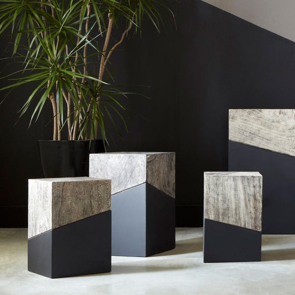 Phillips Collection Geometry Solid Wood Accent Stool with Faceted Form and Black Lacquer Natural Grain Finish TH97553
