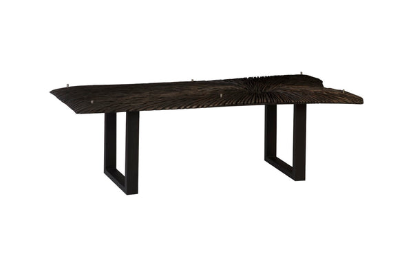 Phillips Collection Chainsaw Dining Table with Glass Top, Rustic Burnt Black Finish & Sturdy Industrial Iron Legs TH97704
