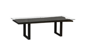 Phillips Collection Chainsaw Dining Table with Glass Top, Rustic Burnt Black Finish & Sturdy Industrial Iron Legs TH97704