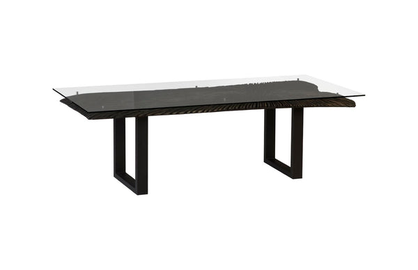 Phillips Collection Chainsaw Dining Table with Glass Top, Rustic Burnt Black Finish & Sturdy Industrial Iron Legs TH97704