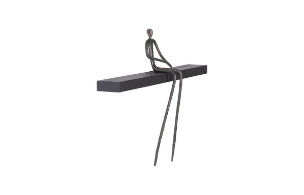 Phillips Collection Moveable Man on Shelf: Abstract Bronze Figure with Modern Black Wood Shelf for Stylish Decor Sitting, B TH99992