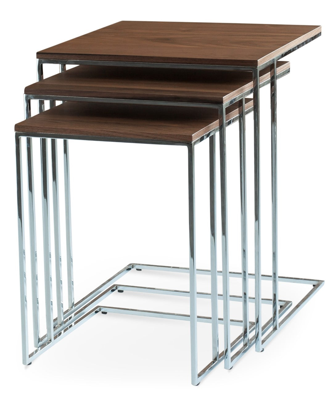 Three End Nesting Tables: Stylish Walnut Veneer Tops with Chrome-Plate
