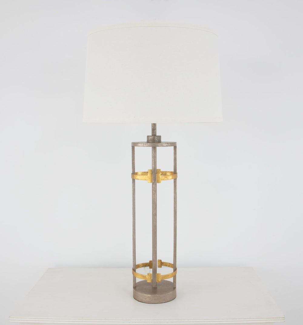 Zeugma Ir931 Elegant White & Gold Table Lamp - Large Linen Shade, Stylish Design For Modern Spaces Antiqued Champagne And Gold Leaf Finish Iron And Linen Fabric Ir931 Champagne & Gold