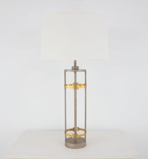 Zeugma Ir931 Elegant White & Gold Table Lamp - Large Linen Shade, Stylish Design For Modern Spaces Antiqued Champagne And Gold Leaf Finish Iron And Linen Fabric Ir931 Champagne & Gold