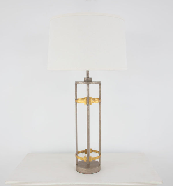 Zeugma Ir931 Elegant White & Gold Table Lamp - Large Linen Shade, Stylish Design For Modern Spaces Antiqued Champagne And Gold Leaf Finish Iron And Linen Fabric Ir931 Champagne & Gold
