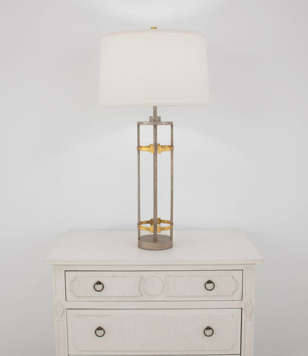 Zeugma Ir931 Elegant White & Gold Table Lamp - Large Linen Shade, Stylish Design For Modern Spaces Antiqued Champagne And Gold Leaf Finish Iron And Linen Fabric Ir931 Champagne & Gold