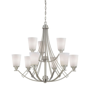 Thomas Lighting Wright Nine Light Chandelier Linear Metal Arms Opaque Bell Shades Dining Room Nickel TK0012117