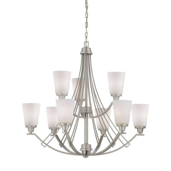 Thomas Lighting Wright Nine Light Chandelier Linear Metal Arms Opaque Bell Shades Dining Room Nickel TK0012117