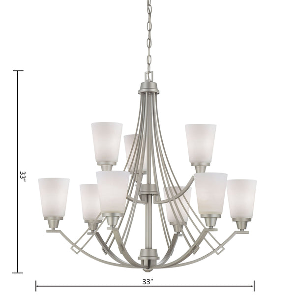 Thomas Lighting Wright Nine Light Chandelier Linear Metal Arms Opaque Bell Shades Dining Room Nickel TK0012117