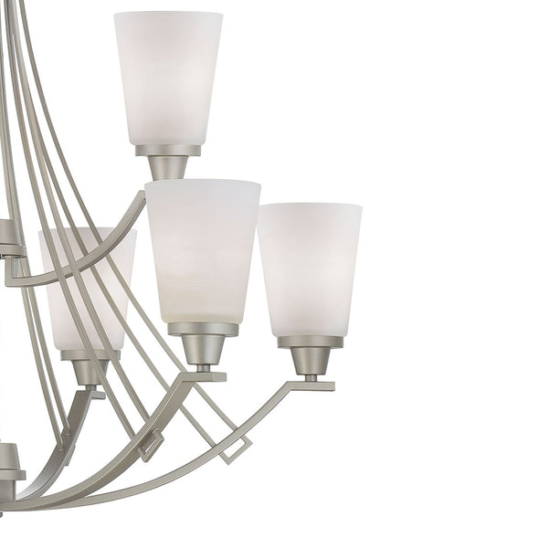 Thomas Lighting Wright Nine Light Chandelier Linear Metal Arms Opaque Bell Shades Dining Room Nickel TK0012117