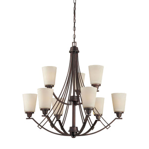 Thomas Lighting Wright Nine Light Chandelier Linear Metal Arms Opaque Bell Shades Dining Room Brown TK0012704