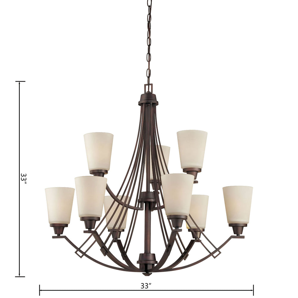 Thomas Lighting Wright Nine Light Chandelier Linear Metal Arms Opaque Bell Shades Dining Room Brown TK0012704