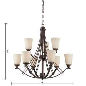 Thomas Lighting Wright Nine Light Chandelier Linear Metal Arms Opaque Bell Shades Dining Room Brown TK0012704