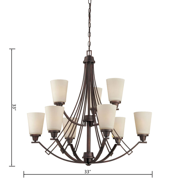 Thomas Lighting Wright Nine Light Chandelier Linear Metal Arms Opaque Bell Shades Dining Room Brown TK0012704