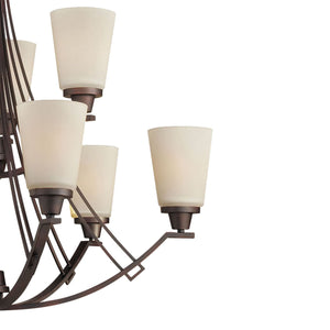 Thomas Lighting Wright Nine Light Chandelier Linear Metal Arms Opaque Bell Shades Dining Room Brown TK0012704
