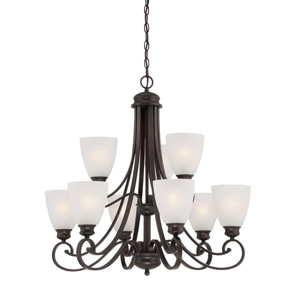 Thomas Lighting Haven Nine Light Chandelier Curved Metal Arms Dome Glass Shades Dining Room Brown TK0018704