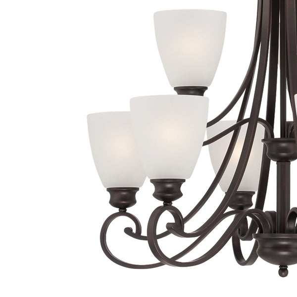 Thomas Lighting Haven Nine Light Chandelier Curved Metal Arms Dome Glass Shades Dining Room Brown TK0018704