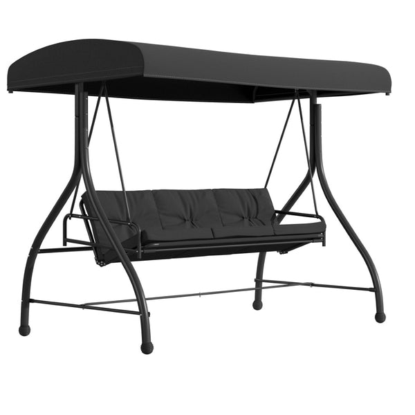 English Elm Tellis 3-Seat Outdoor Steel Patio Swing with Canopy, Cushions & Convertible Bed for Relaxation Black TLH-007-BK-GG