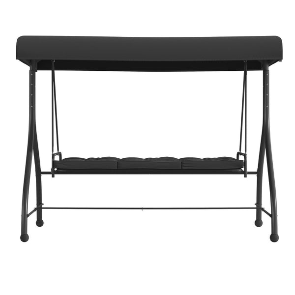 English Elm Tellis 3-Seat Outdoor Steel Patio Swing with Canopy, Cushions & Convertible Bed for Relaxation Black TLH-007-BK-GG