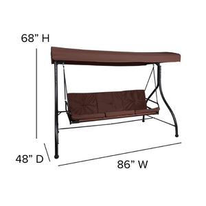 English Elm Tellis 3-Seat Outdoor Steel Patio Swing with Canopy, Cushions & Convertible Bed for Relaxation Brown TLH-007-BN-GG