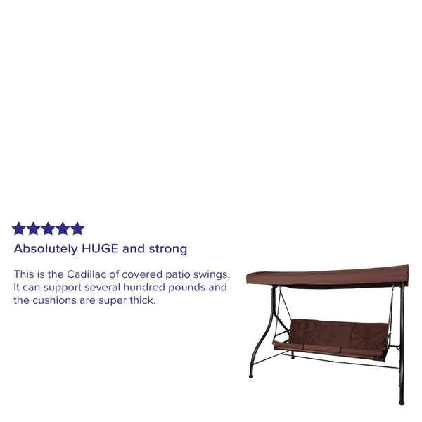 English Elm Tellis 3-Seat Outdoor Steel Patio Swing with Canopy, Cushions & Convertible Bed for Relaxation Brown TLH-007-BN-GG