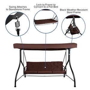 English Elm Tellis 3-Seat Outdoor Steel Patio Swing with Canopy, Cushions & Convertible Bed for Relaxation Brown TLH-007-BN-GG