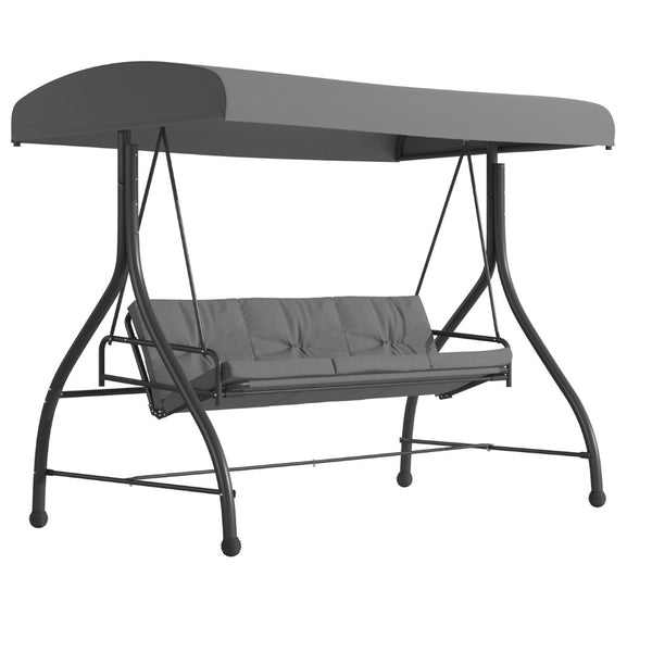 English Elm Tellis 3-Seat Outdoor Steel Patio Swing with Canopy, Cushions & Convertible Bed for Relaxation Gray TLH-007-GY-GG