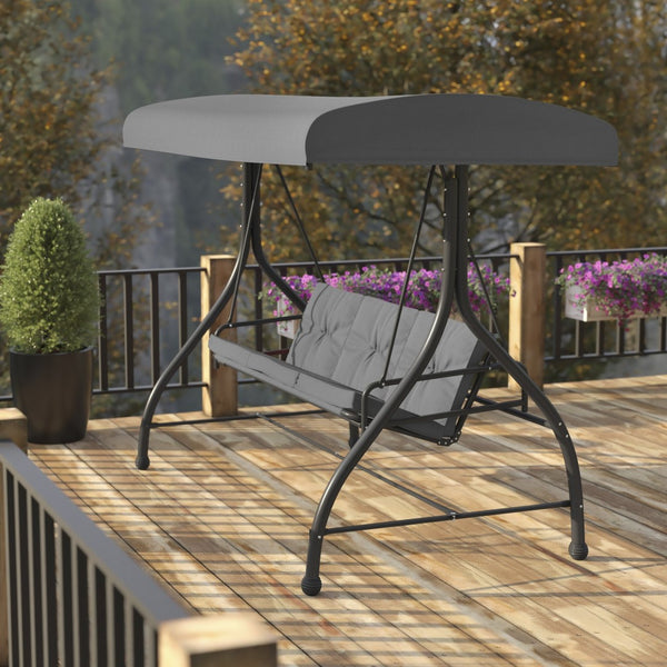 English Elm Tellis 3-Seat Outdoor Steel Patio Swing with Canopy, Cushions & Convertible Bed for Relaxation Gray TLH-007-GY-GG