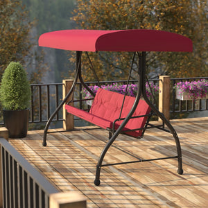 English Elm Tellis 3-Seat Outdoor Steel Patio Swing with Canopy, Cushions & Convertible Bed for Relaxation Maroon TLH-007-MRN-GG