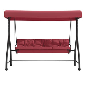 English Elm Tellis 3-Seat Outdoor Steel Patio Swing with Canopy, Cushions & Convertible Bed for Relaxation Maroon TLH-007-MRN-GG