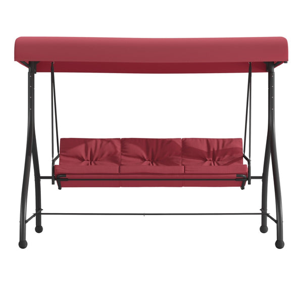 English Elm Tellis 3-Seat Outdoor Steel Patio Swing with Canopy, Cushions & Convertible Bed for Relaxation Maroon TLH-007-MRN-GG