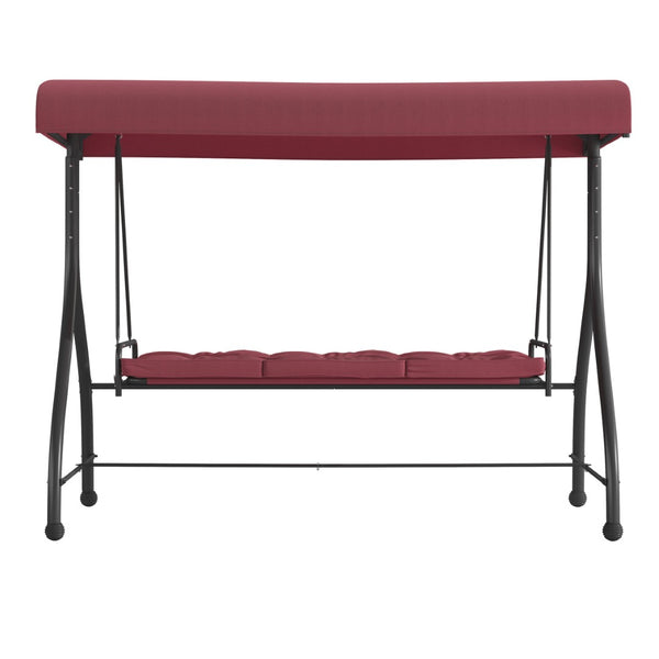 English Elm Tellis 3-Seat Outdoor Steel Patio Swing with Canopy, Cushions & Convertible Bed for Relaxation Maroon TLH-007-MRN-GG