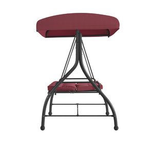 English Elm Tellis 3-Seat Outdoor Steel Patio Swing with Canopy, Cushions & Convertible Bed for Relaxation Maroon TLH-007-MRN-GG