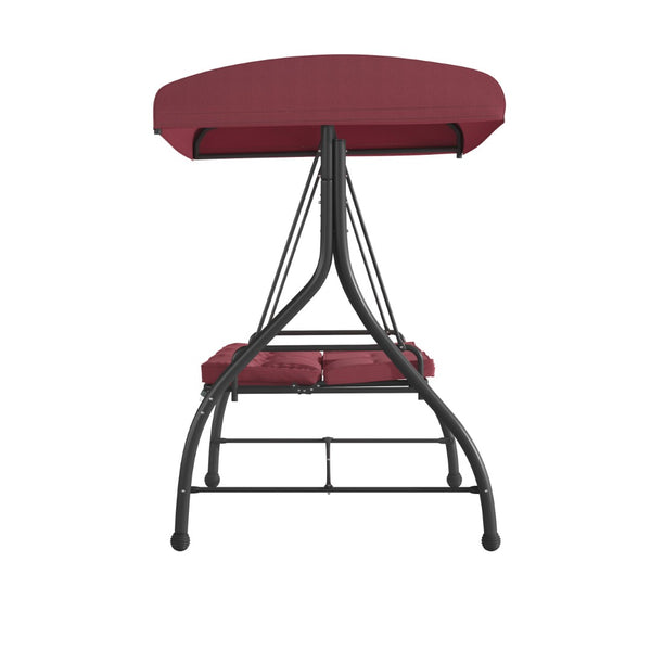 English Elm Tellis 3-Seat Outdoor Steel Patio Swing with Canopy, Cushions & Convertible Bed for Relaxation Maroon TLH-007-MRN-GG