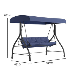 English Elm Tellis 3-Seat Outdoor Steel Patio Swing with Canopy, Cushions & Convertible Bed for Relaxation Navy TLH-007-NV-GG