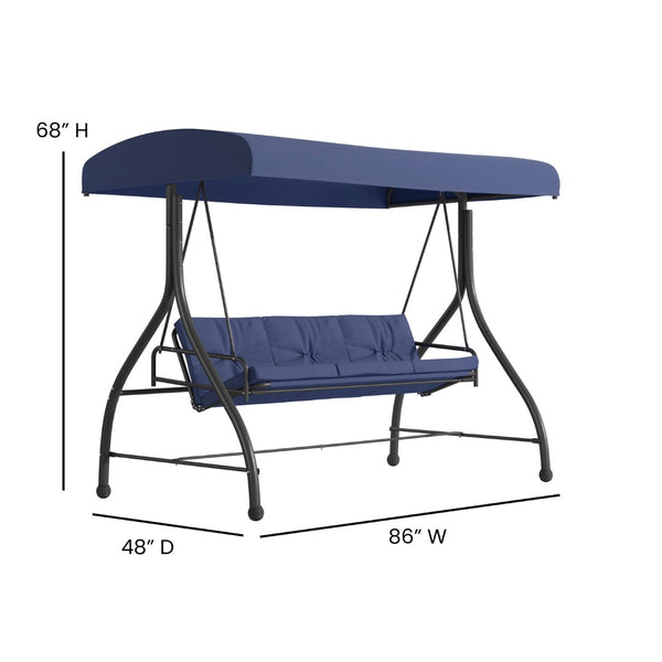 English Elm Tellis 3-Seat Outdoor Steel Patio Swing with Canopy, Cushions & Convertible Bed for Relaxation Navy TLH-007-NV-GG