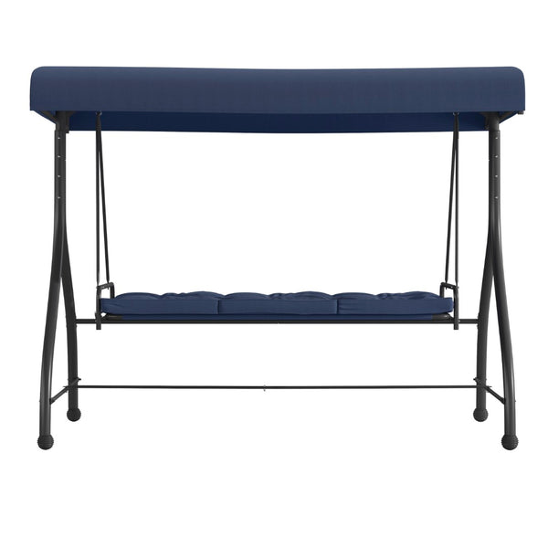 English Elm Tellis 3-Seat Outdoor Steel Patio Swing with Canopy, Cushions & Convertible Bed for Relaxation Navy TLH-007-NV-GG