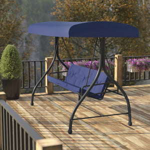 English Elm Tellis 3-Seat Outdoor Steel Patio Swing with Canopy, Cushions & Convertible Bed for Relaxation Navy TLH-007-NV-GG
