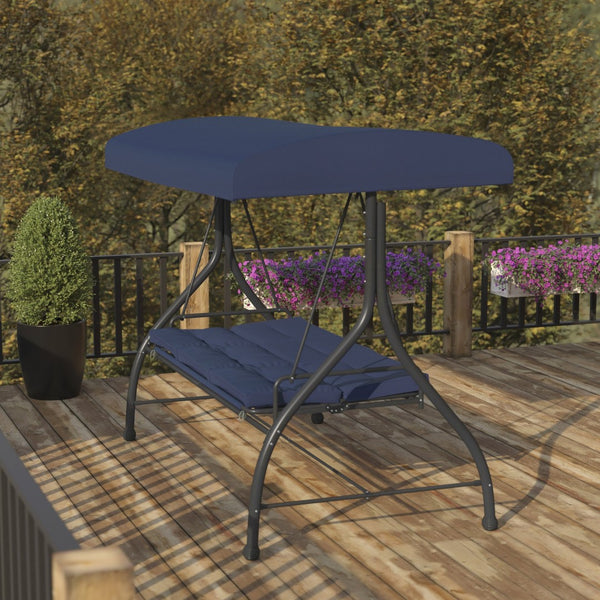 English Elm Tellis 3-Seat Outdoor Steel Patio Swing with Canopy, Cushions & Convertible Bed for Relaxation Navy TLH-007-NV-GG
