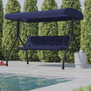 English Elm Tellis 3-Seat Outdoor Steel Patio Swing with Canopy, Cushions & Convertible Bed for Relaxation Navy TLH-007-NV-GG