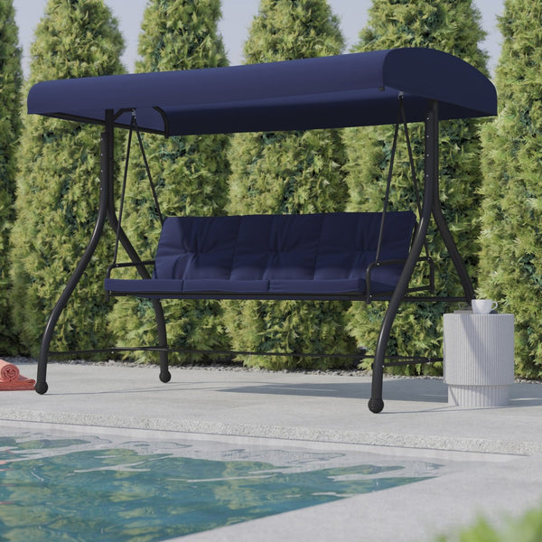 English Elm Tellis 3-Seat Outdoor Steel Patio Swing with Canopy, Cushions & Convertible Bed for Relaxation Navy TLH-007-NV-GG