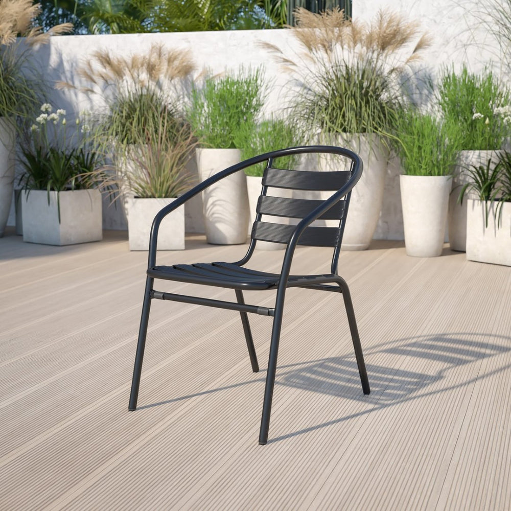 English Elm Lila Metal Restaurant Stack Chair with Stylish Slat Back, Durable Design for Indoor & Outdoor Use Black TLH-017C-BK-GG