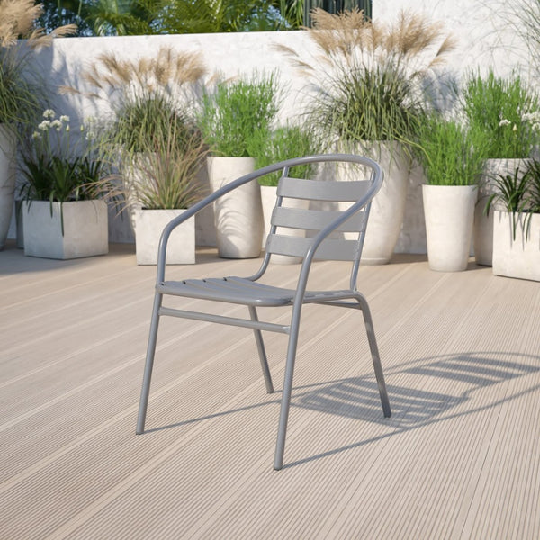English Elm Lila Metal Restaurant Stack Chair with Stylish Slat Back, Durable Design for Indoor & Outdoor Use Silver TLH-017C-GG