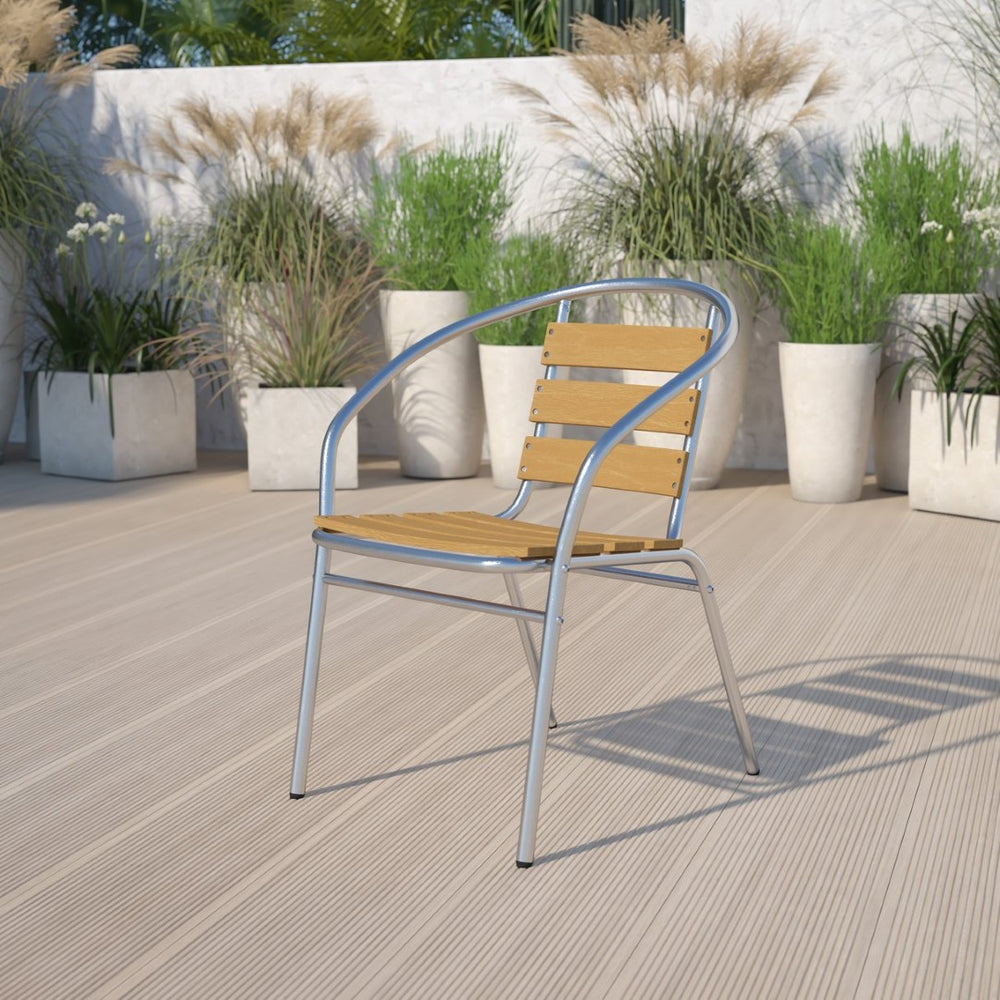English Elm Lila Indoor-Outdoor Stack Chair - Stylish Aluminum Design with Faux Teak Back for Cafés & Patios TLH-017W-GG