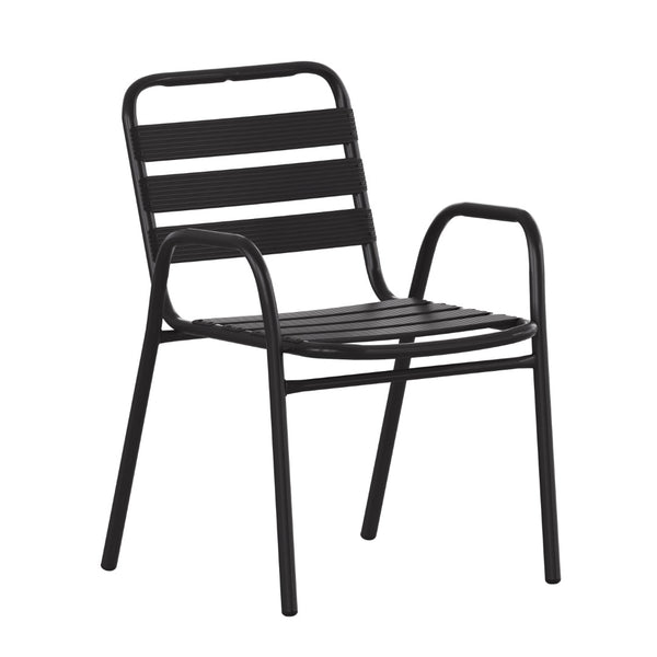 English Elm Lila Commercial Metal Indoor-Outdoor Stack Chair with Stylish Triple Slat Back and Integrated Arms Black TLH-018C-BK-GG
